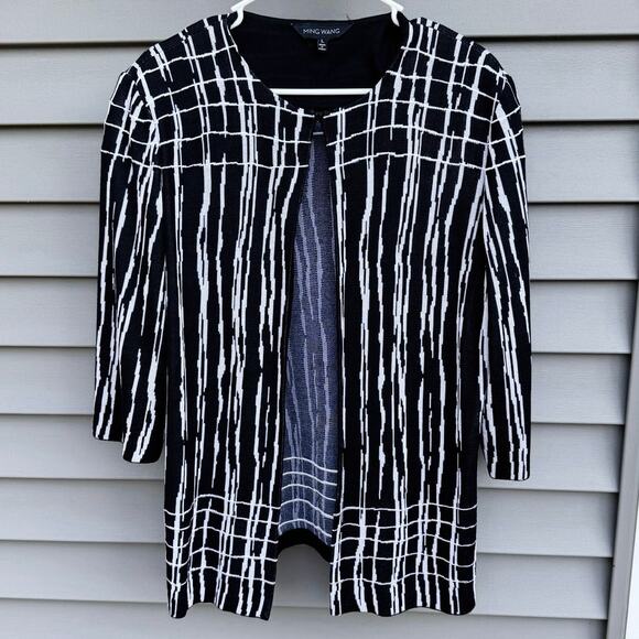 Ming Wang size L Black and White Clasp Front Cardigan with Shoulder Pads - Picture 1 of 9